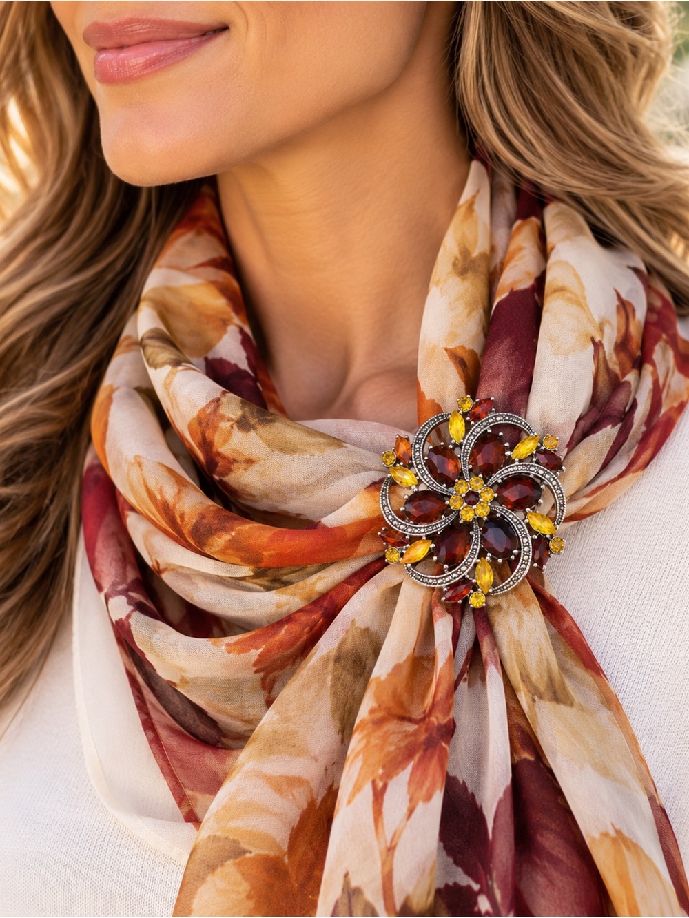 Vintage-Inspired Floral Crystal Brooch - Amber & Yellow